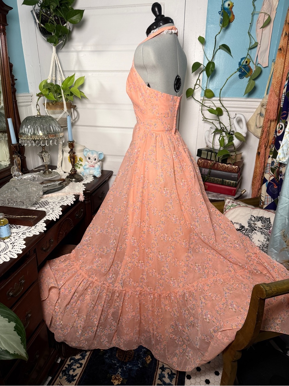 Handmade 1960s (?) XS Peach Halter Floral Maxi Dress - Picture 6 of 7
